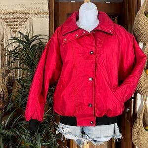 Vintage Comfy USA Red Down Bomber Jacket 10 USA Made Cherry Ski Puffer Swan Zip
